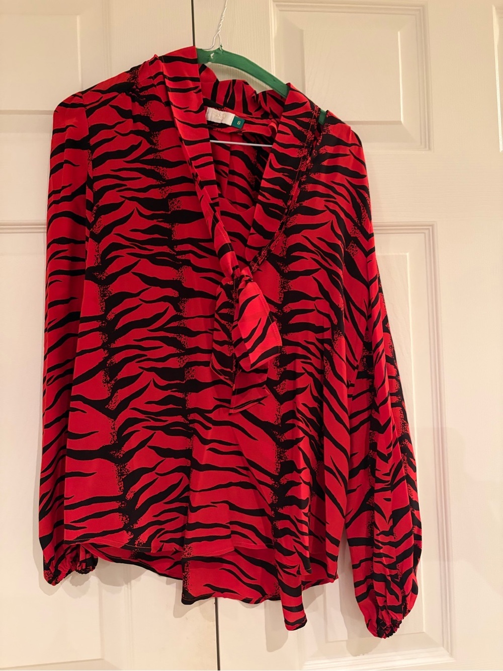 RIXO Red and Black Animal-Print Tie-Neck Blouse